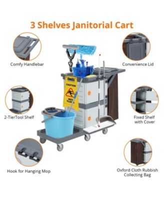 Commercial Janitorial Cart with Cabinet, 3-ply Multi-Purpose Engineered Plastic Housekeeping Car