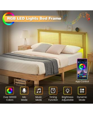 Queen Size Bed Frame with Natural Rattan Headboard & Integrated LED Lights