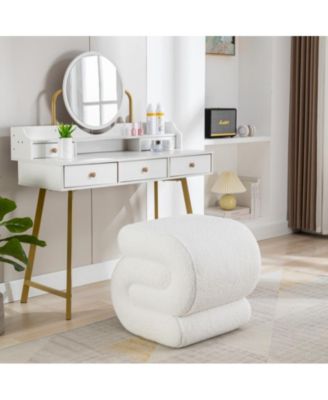 Modern S-Shape Makeup Stool, Teddy Fabric Upholstered Footstool, Comfy Ottoman for Bedroom, Living Room, and Dressing Table