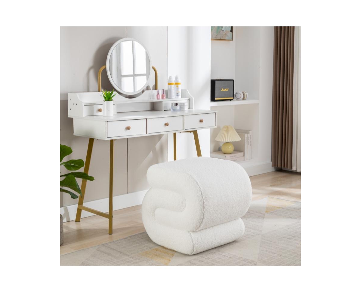 Modern S-Shape Makeup Stool, Teddy Fabric Upholstered Footstool, Comfy Ottoman for Bedroom, Living Room, and Dressing Table-The Pop Home