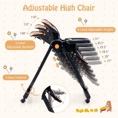 Folding Baby High Chair with Adjustable Height and Recline