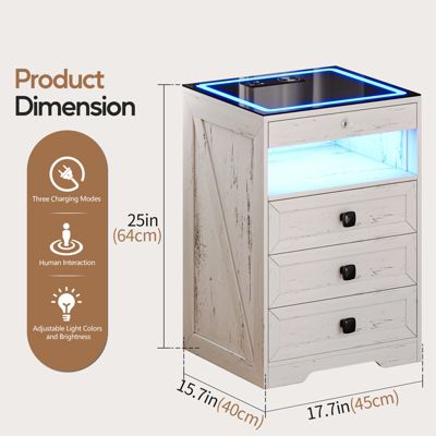 Smart LED Nightstand  Wood  3-Color Lights  Drawers & Charging Station