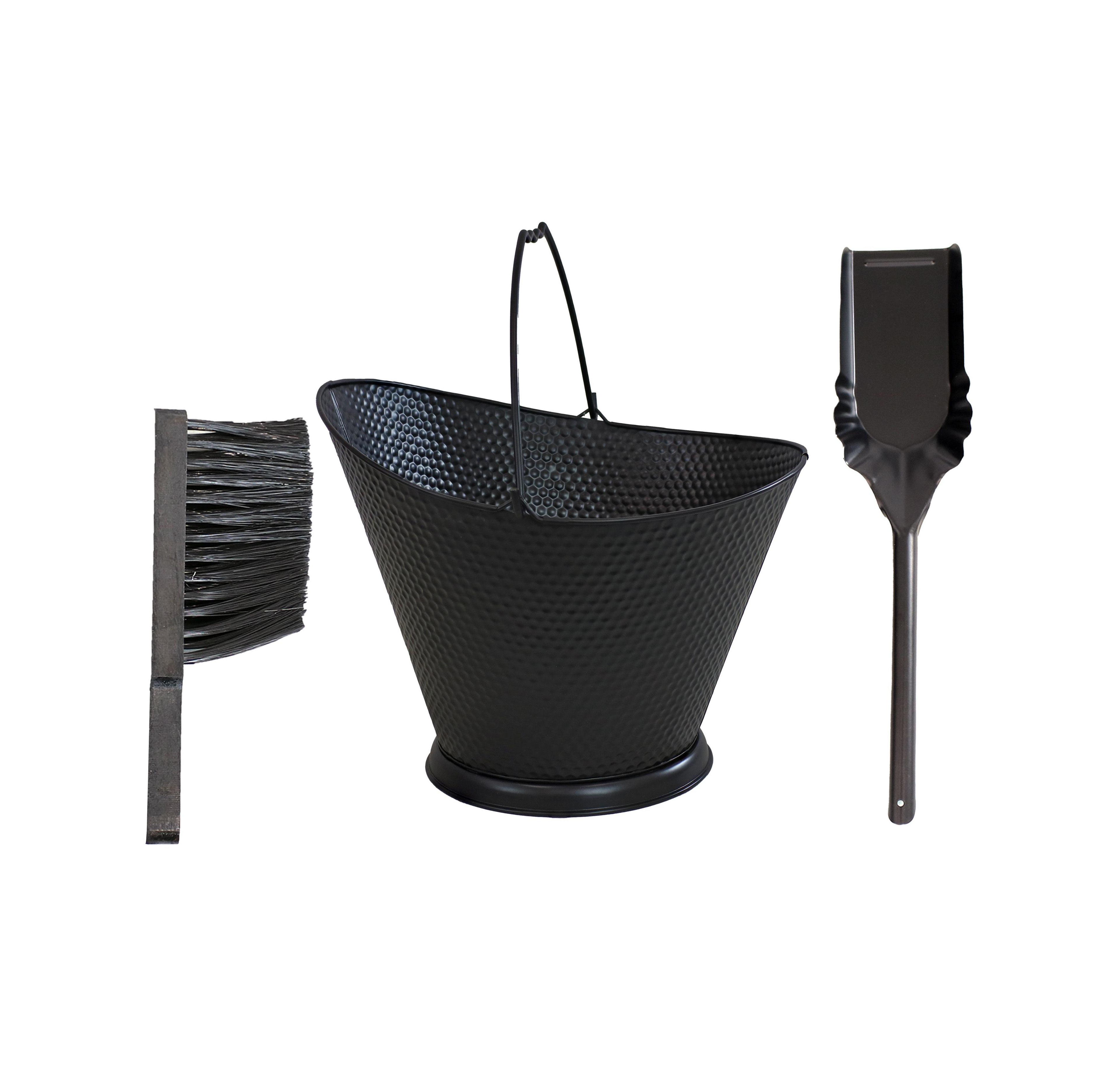 Indoor/Outdoor 5-Gallon Iron Coal and Ash Bucket with Shovel and Brush - Black