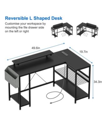 L Shaped Computer Desk with Power Outlets & LED Light, 49.6" Reversible Corner Computer Desk