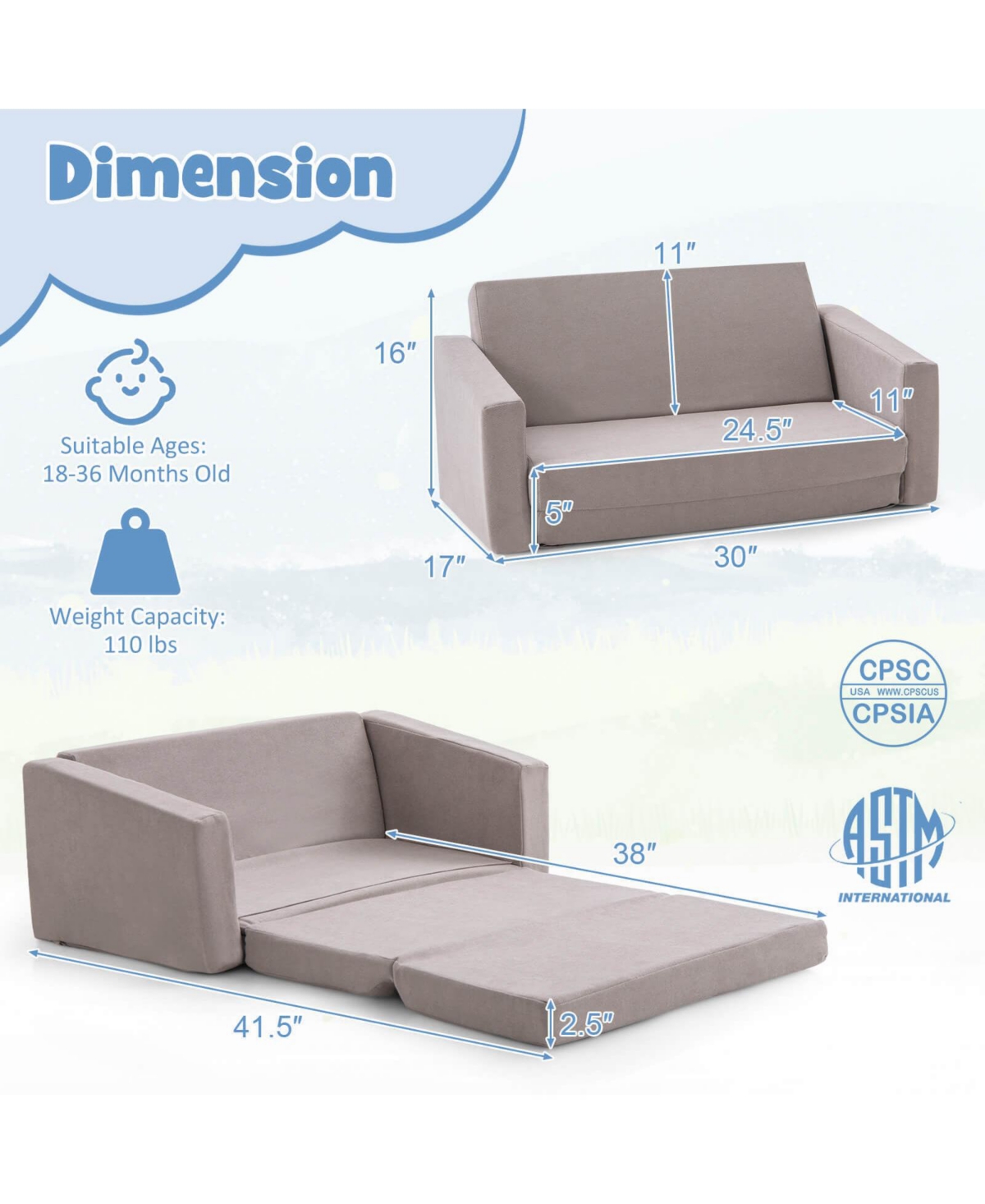 Gouun 2-in-1 Children's Convertible Sofa to Lounger-l