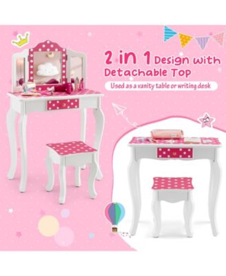 Kids Vanity Table and Stool Set with Cute Polka Dot Print
