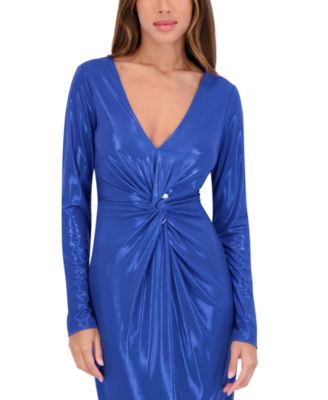 Women's Metallic Twist-Waist Long-Sleeve Sheath Dress