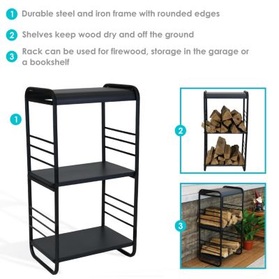 Indoor/Outdoor Iron and Steel Modern Rounded Edge Fire Pit or Fireplace Firewood Log Rack Storage -36" - Black