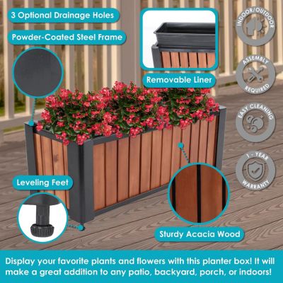 Acacia Wood Slatted Planter Box with Removable Insert - 24" W x 8.25" D x 8.75" H
