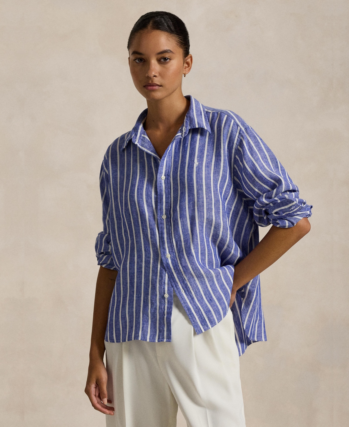 Shop Polo Ralph Lauren Women's Wide Cropped Striped 100% Linen Shirt In Blue White
