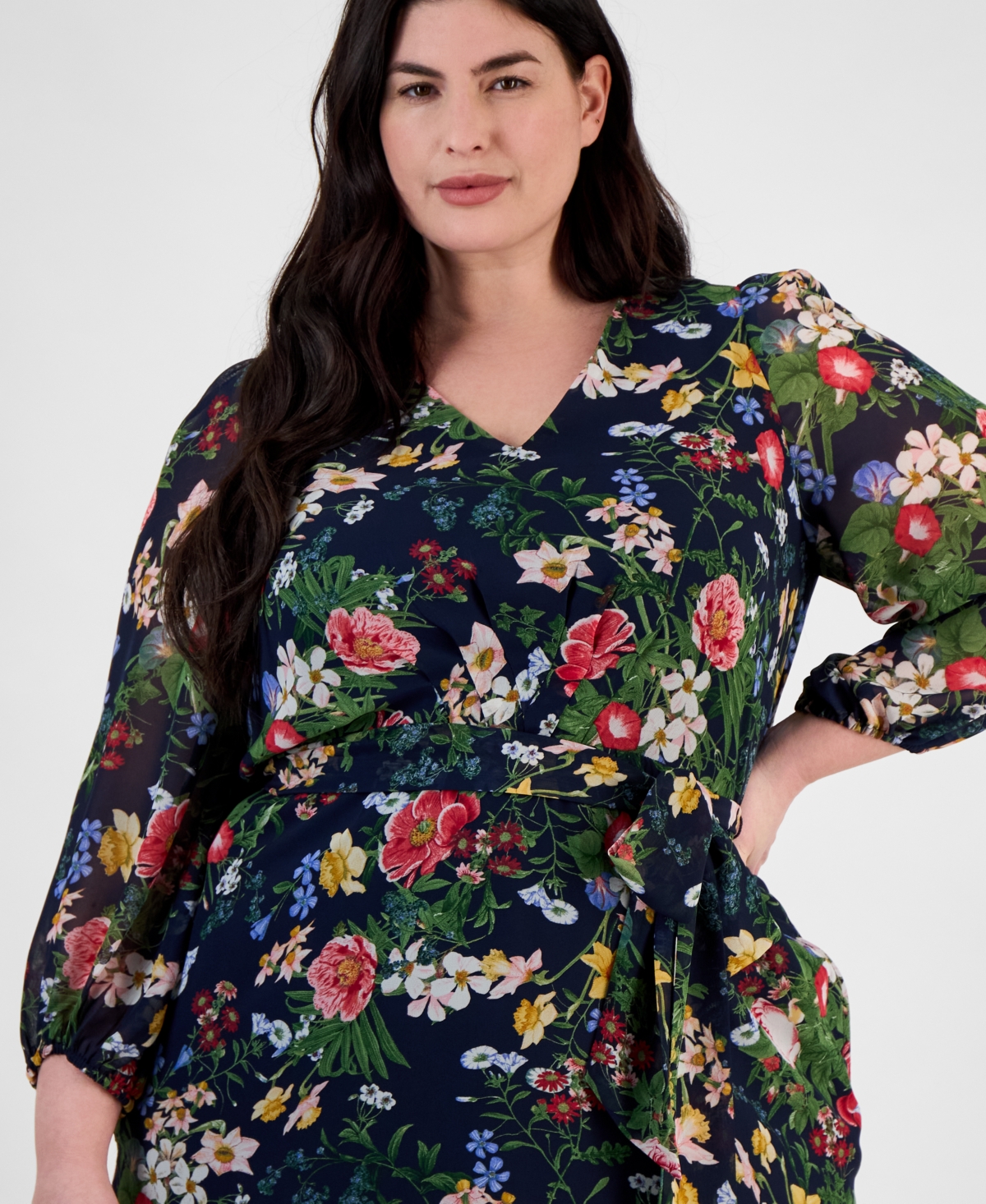 Anne Klein Floral Print Long Sleeve Chiffon Midi Dress In Distant Mountain Multi