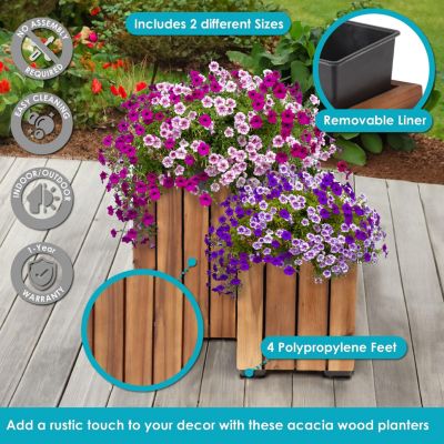 Indoor/Outdoor Square Acacia Wood Planter Box with Vertical Planks - 2pk