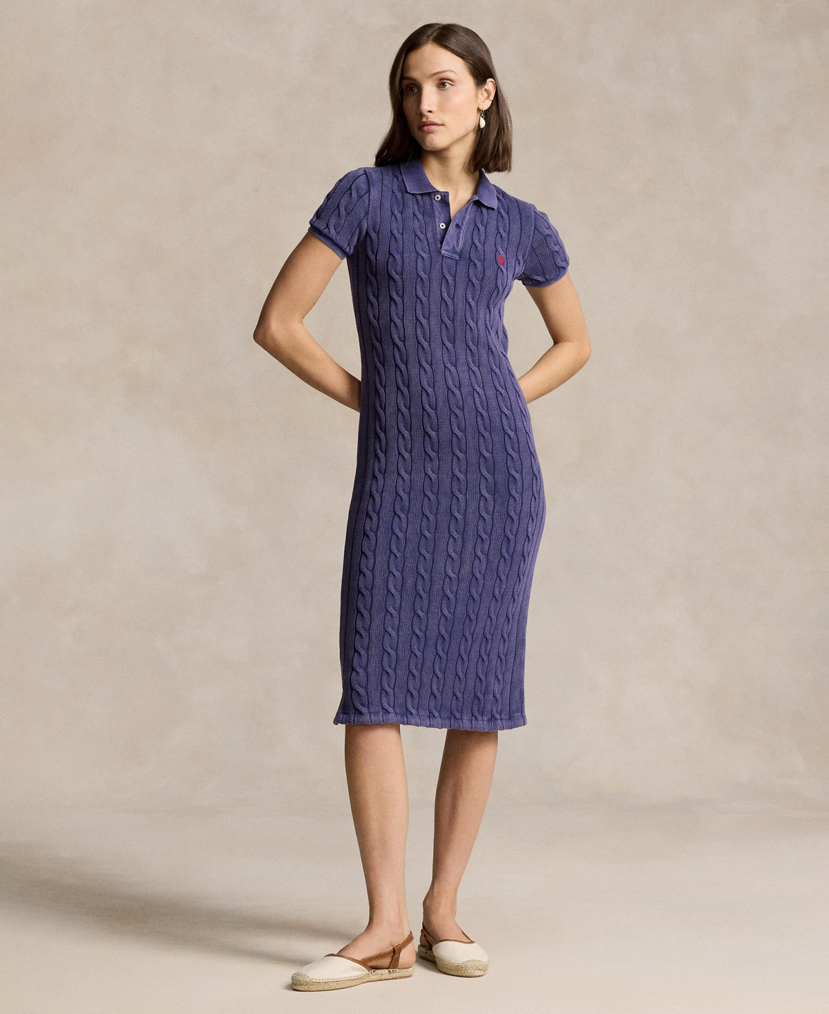 POLO RALPH LAUREN WOMEN'S CABLE-KNIT COTTON POLO MIDI DRESS 