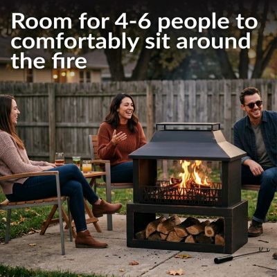 Backyard Blaze Heavy-Duty Steel Outdoor Fireplace - Built-In Log Storage and Protective Cover - 35-Inch H - Brushed Bronze