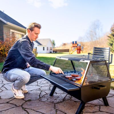 Steel Grilling Fire Pit with Mesh Spark Screen and Protective PVC Cover - Black - 36." W x 32.5" D x 23.75" H