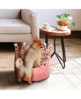 Dream Black Label Leopard Print Crown Dog Bed - Washable Round Cat Bed, Elegant Royal Design Indoor Cuddler Pet Beds for Puppy and Kitten