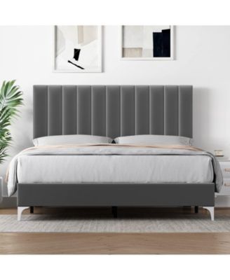 Queen Size Bed Frame with Adjustable Headboard, Velvet Upholstered Platform Bed Frame
