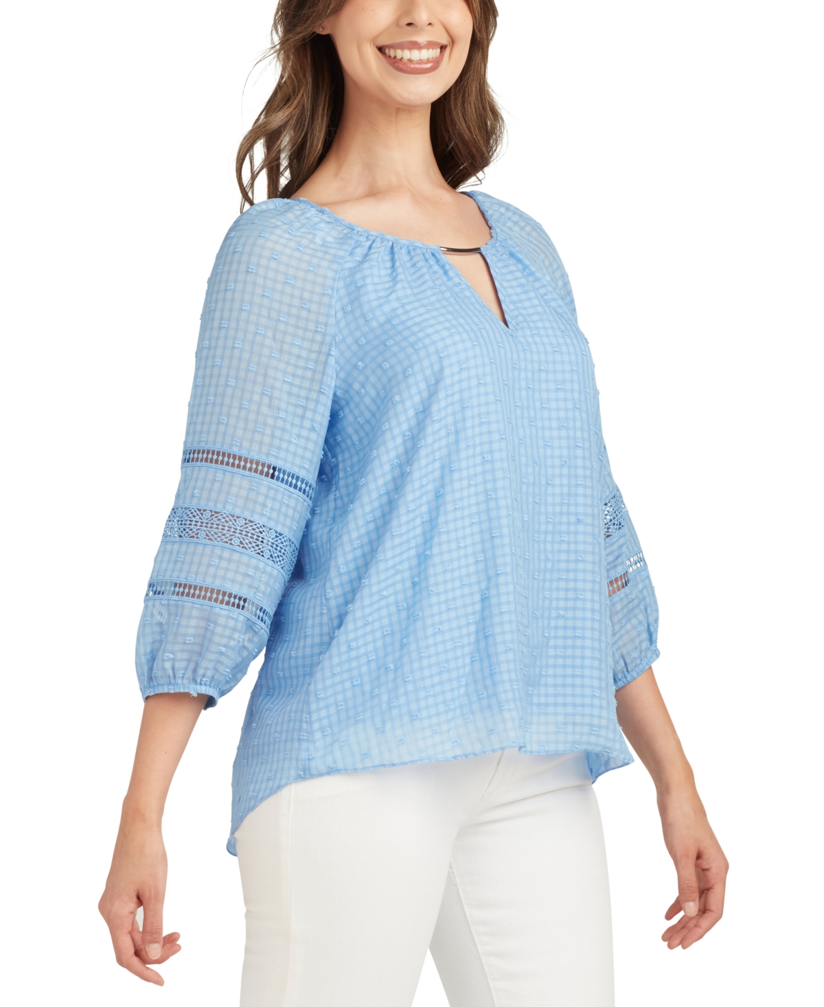 BCX JUNIORS' SWISS-DOT 3/4-SLEEVE CROCHETED-TRIM TOP 