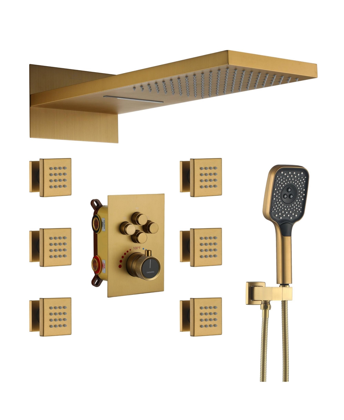 22-inch Rain Shower Head with Handheld Shower Head Shower System with Body Jets Waterfall Shower Trim Kit, Brushed Gold - Brushed nickel