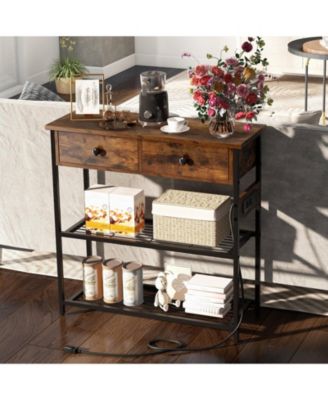 Narrow Console Table with 2 Drawers and 2 Metal Mesh Shelves