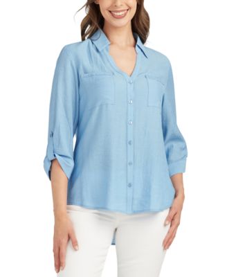BCX - Juniors' Split-Neck Roll-Tab High-Low Shirt