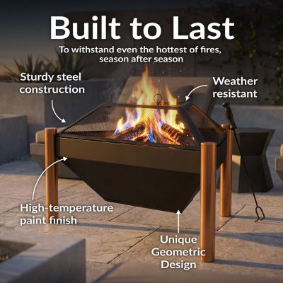 Outdoor Camping or Backyard Steel Triangle Fire Pit with Wood Grate, Log Poker, and Spark Screen - 31" - Copper Finish
