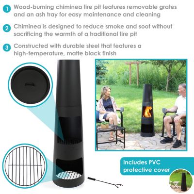 Outdoor Backyard Heavy-Duty Steel Modern Wood-Burning Fire Pit Chiminea with Built-In Log Storage - 49" - Black