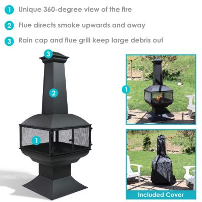 Outdoor Backyard Patio Steel 360-Degree View Wood-Burning Fire Pit Chiminea with Wood Grate and Poker - 57" - Black