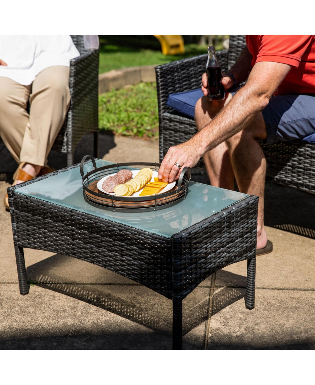 Outdoor Dunmore Patio Conversation Furniture Set with Loveseat, Chairs, and Table - Gray and Navy - 4pc