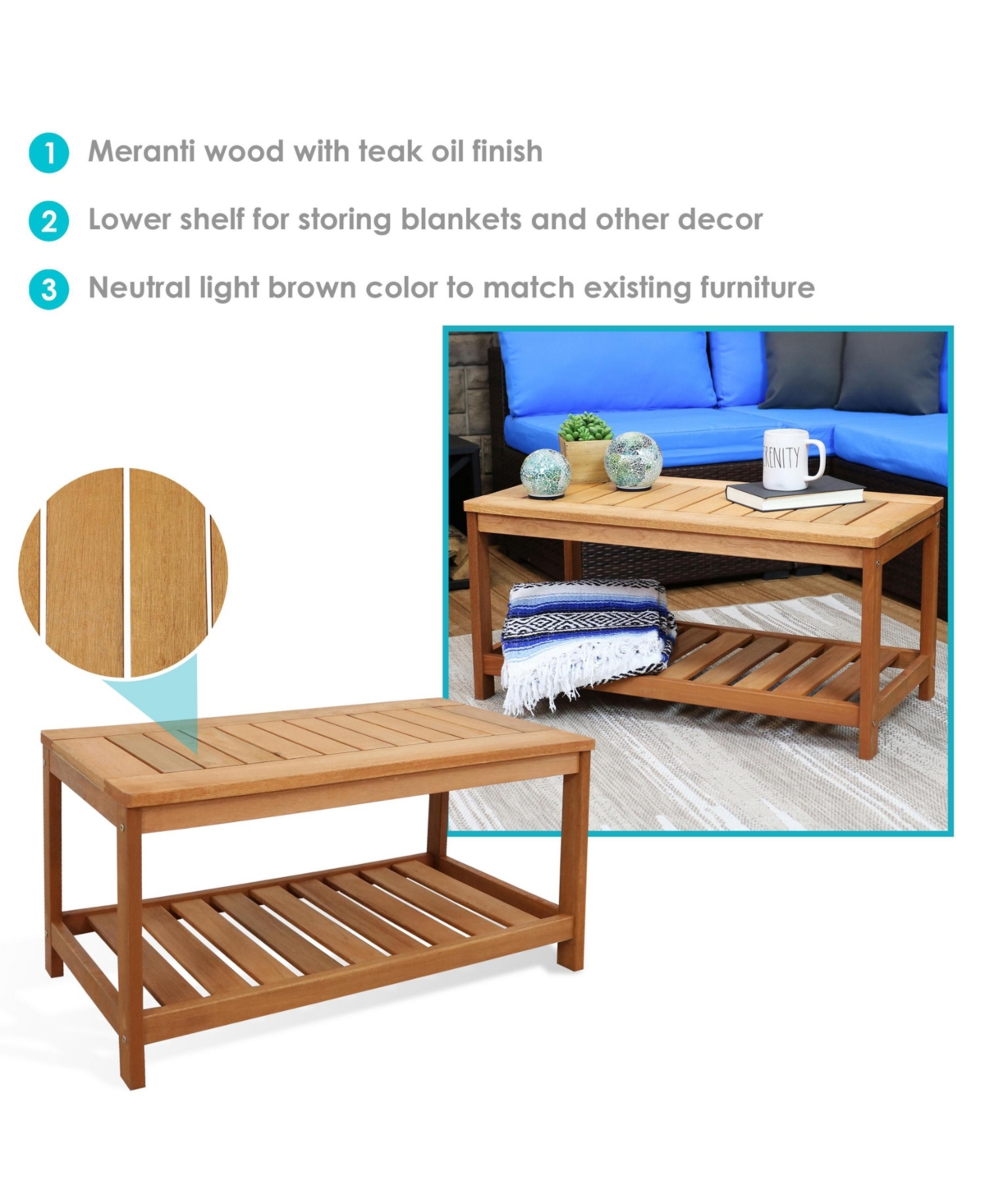 Teak Outdoor Coffee Table for Patio - Coffee Table for Outside or Patio - Rectangle - 35 Inch - Meranti Wood