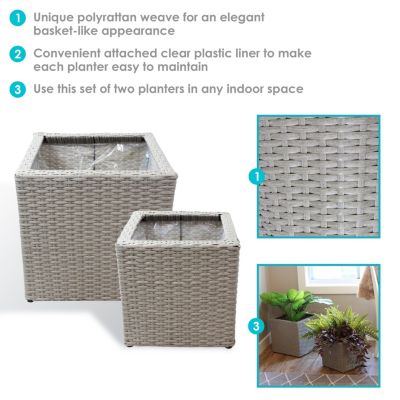 Square Indoor Polyrattan Planters with Attached Clear Polypropylene Liner 14" Square x 11" H and 14" Square x 11" H - Gray 2-Piece