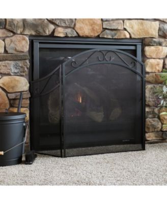 Folding 3-Panel Steel Fireplace Screen with Elegant Scroll Design - Black