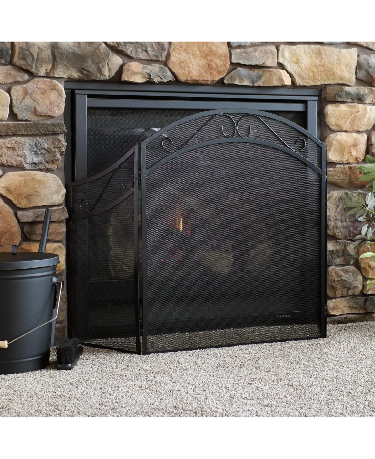 Folding 3-Panel Steel Fireplace Screen with Elegant Scroll Design - Black