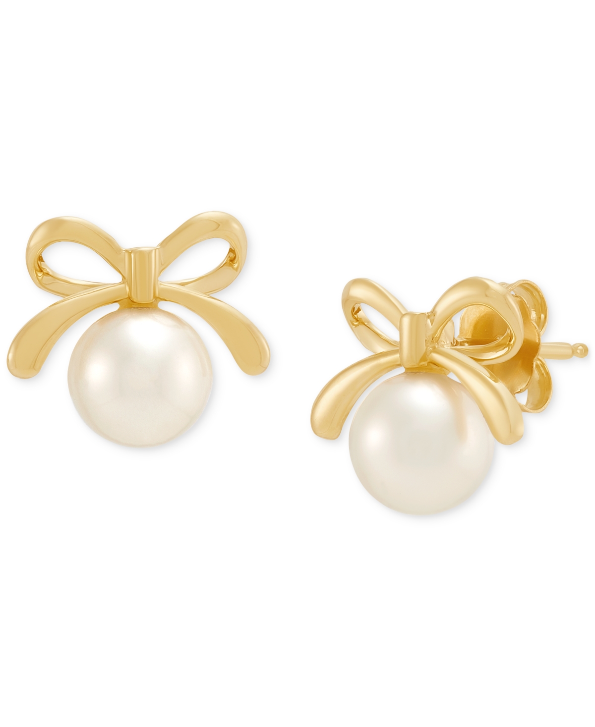 Macy's Cultured Freshwater Pearl (5-1/2-6mm) Bow Stud Earrings In 10k Yellow Gold In White