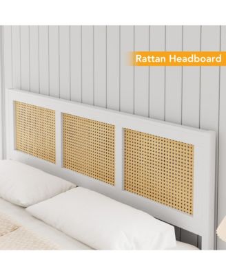 Queen Size Rattan Bed Frame with Headboard, Boho Cane Platform Bed Frame with Strong Metal Slat
