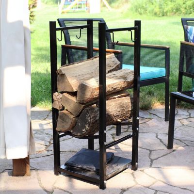 Indoor/Outdoor Steel Fire Pit or Fireplace Firewood Log Rack Holder with Hooks - 32"
