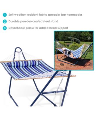 Outdoor 2-Person Double Polyester Quilted Hammock with Wood Spreader Bar and Matte Blue Steel Multi-Use Stand - Catalina Beach