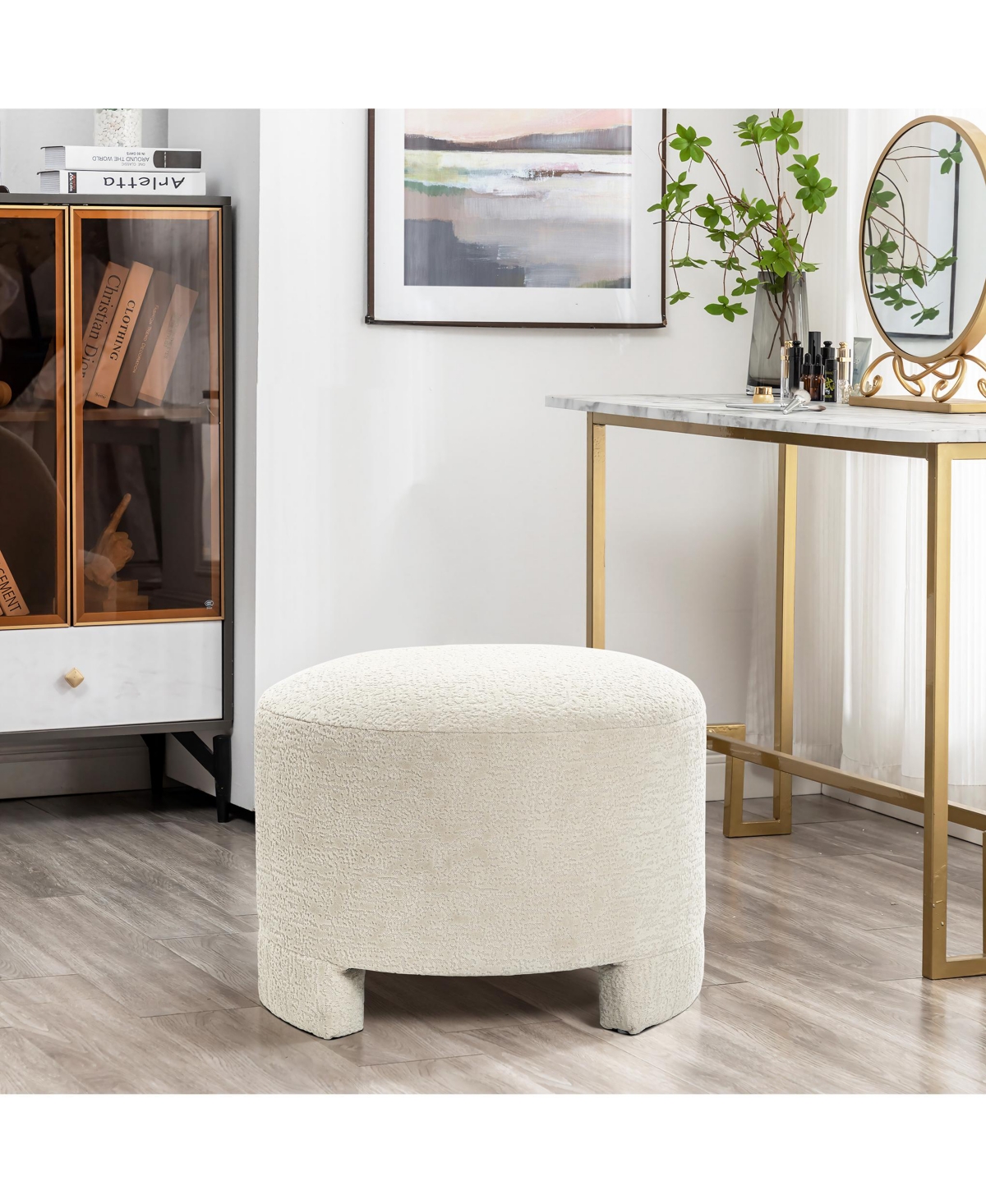 Luxenhome Upholstered Cream Modern Round Ottoman In Cream,brown