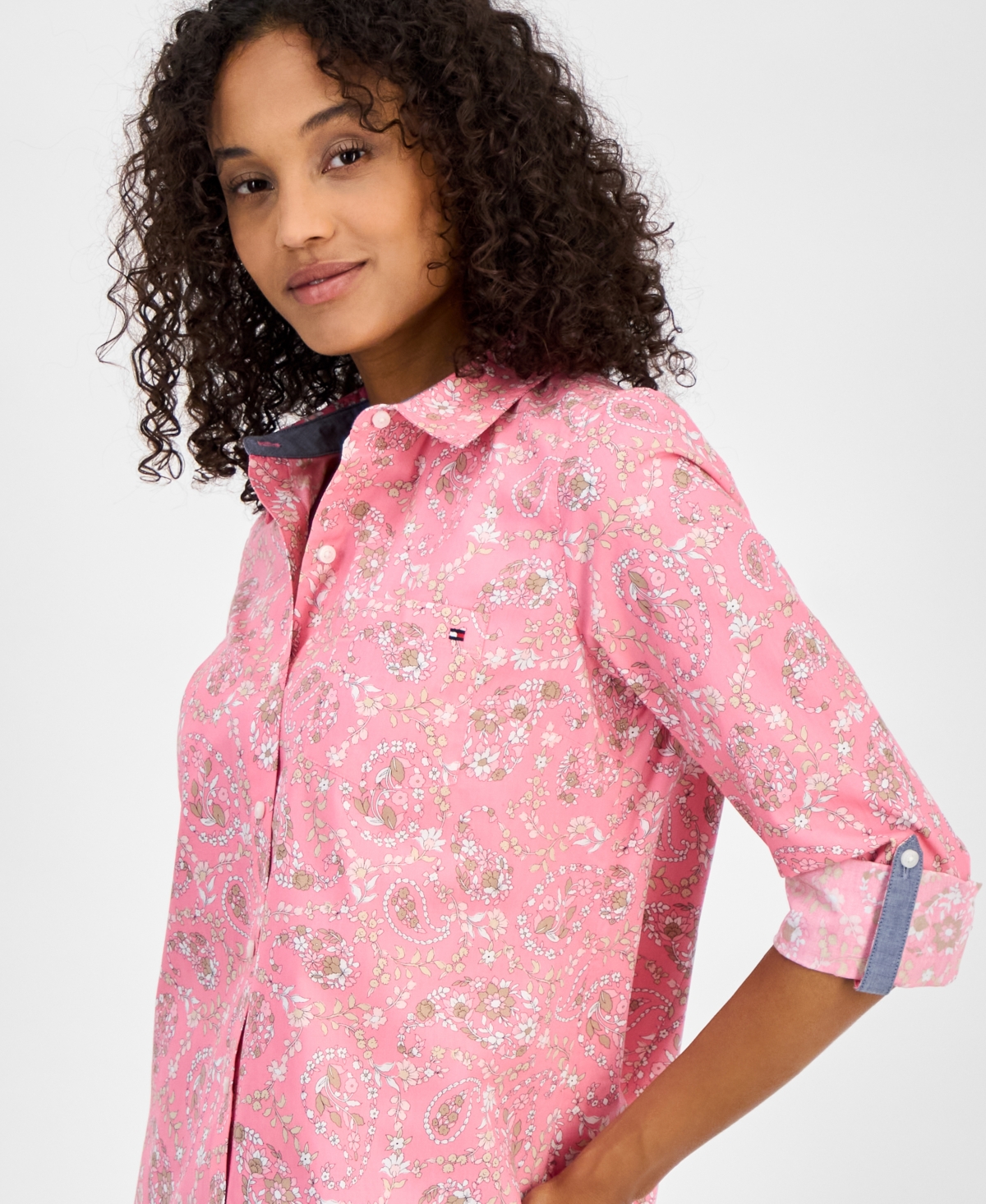 Tommy Hilfiger Women's Floral Gingham Cotton Shirt In Pink