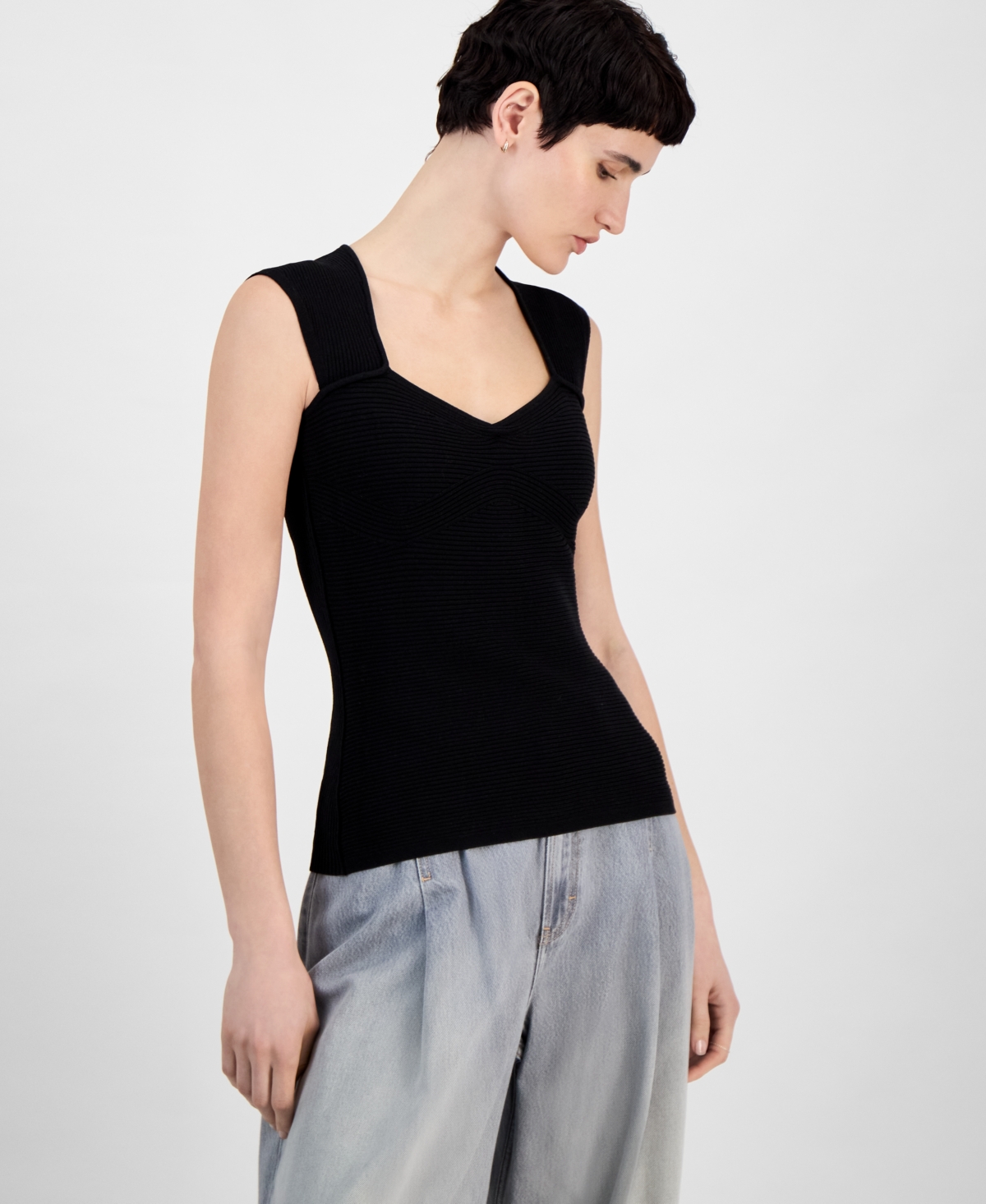 Women's Sweetheart-Neck Ribbed-Knit Top - Algae Blue