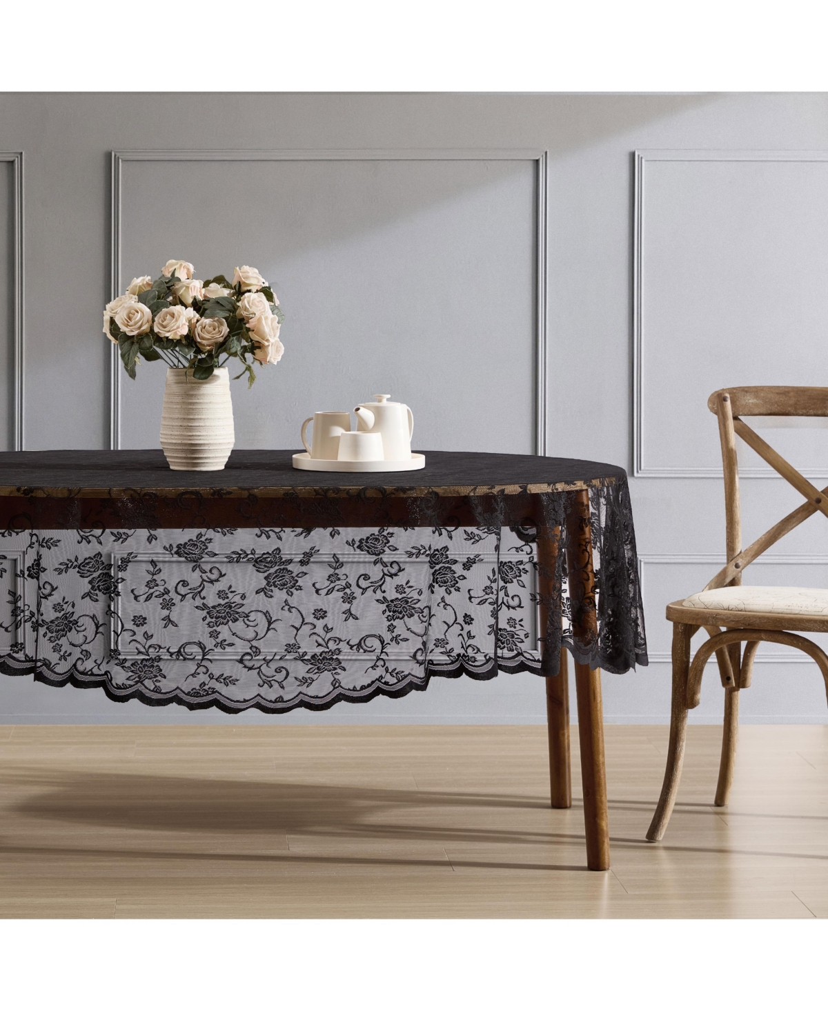 Harper Floral Lace Fabric Tablecloth, Lace Fabric Table Cloth for Oval Tables, Wrinkle Resistant Tablecloth, Patterned Scalloped Tablecloth (60