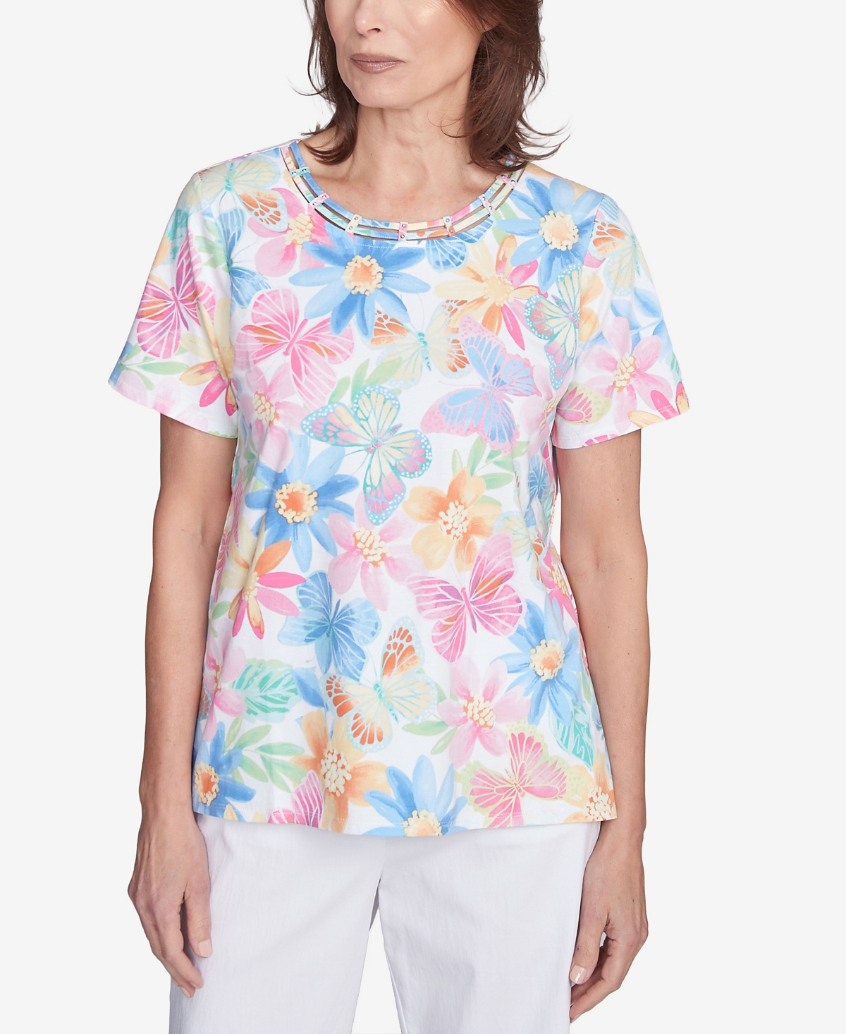 Alfred Dunner Petite Floral Leaf Side Tie Short Sleeve Tee In Multi Pink