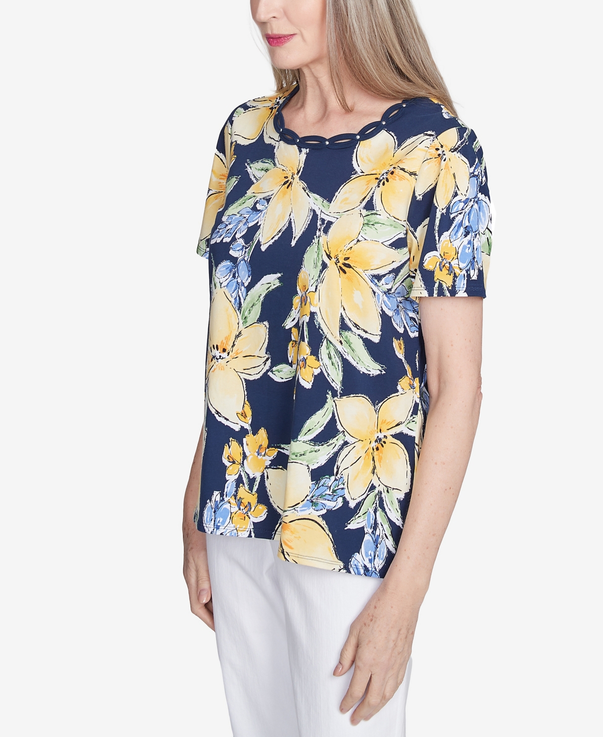 Alfred Dunner Petite Navy Floral Braided Crew Neck Top In Navy