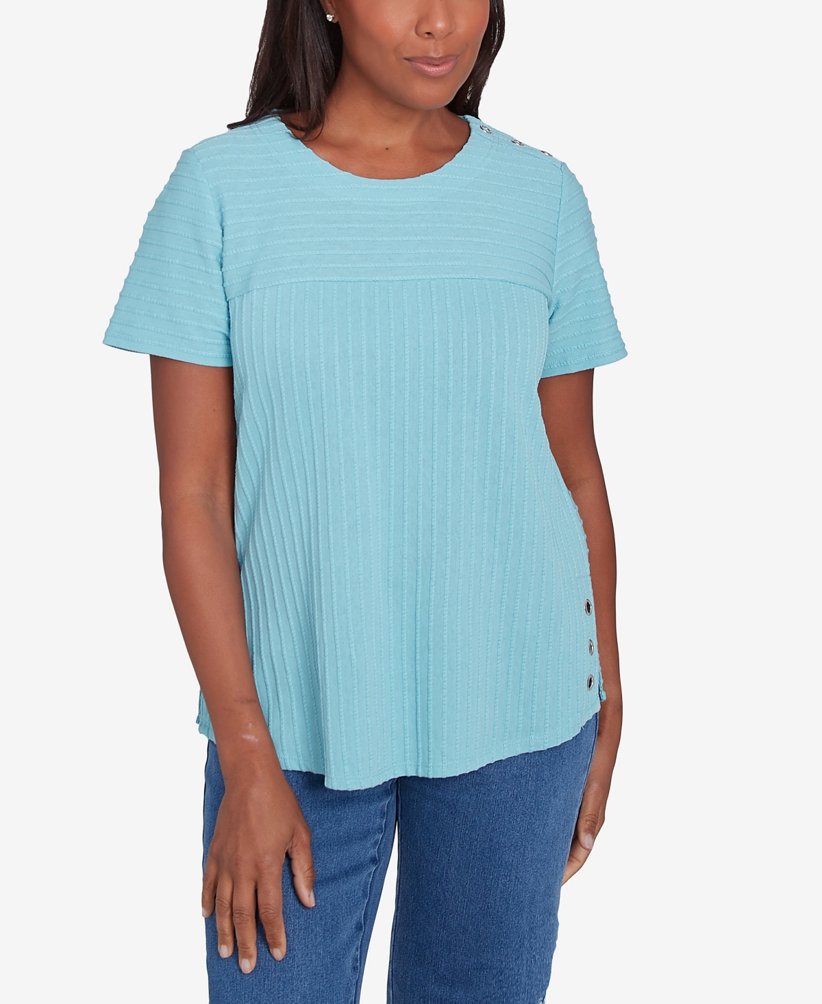 Alfred Dunner Petite Classics Solid Textured Short Sleeve T-shirt In Aqua