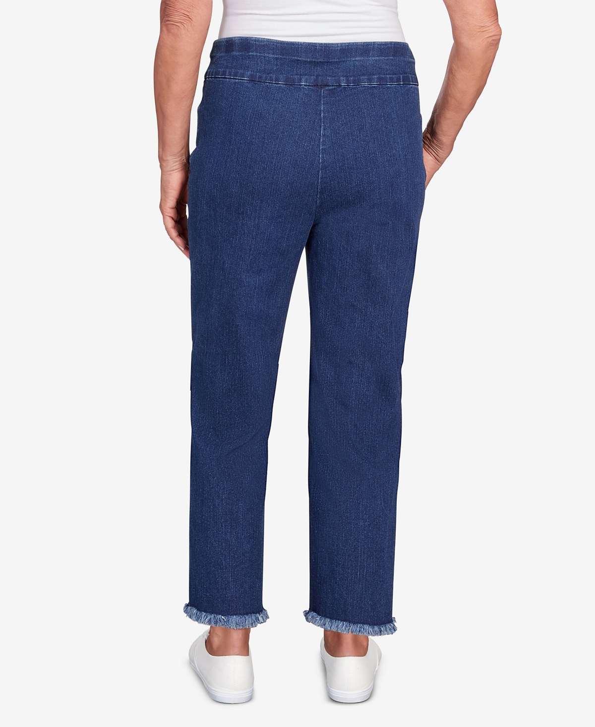 Alfred Dunner Petite Classic Neutrals Superstretch Denim Fringe Capri Pants In Dark Denim