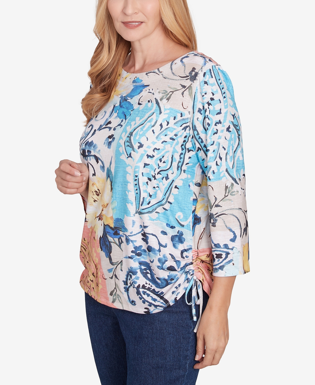 Alfred Dunner Petite Classics Floral Patch Drawstring Top In Navy Multi