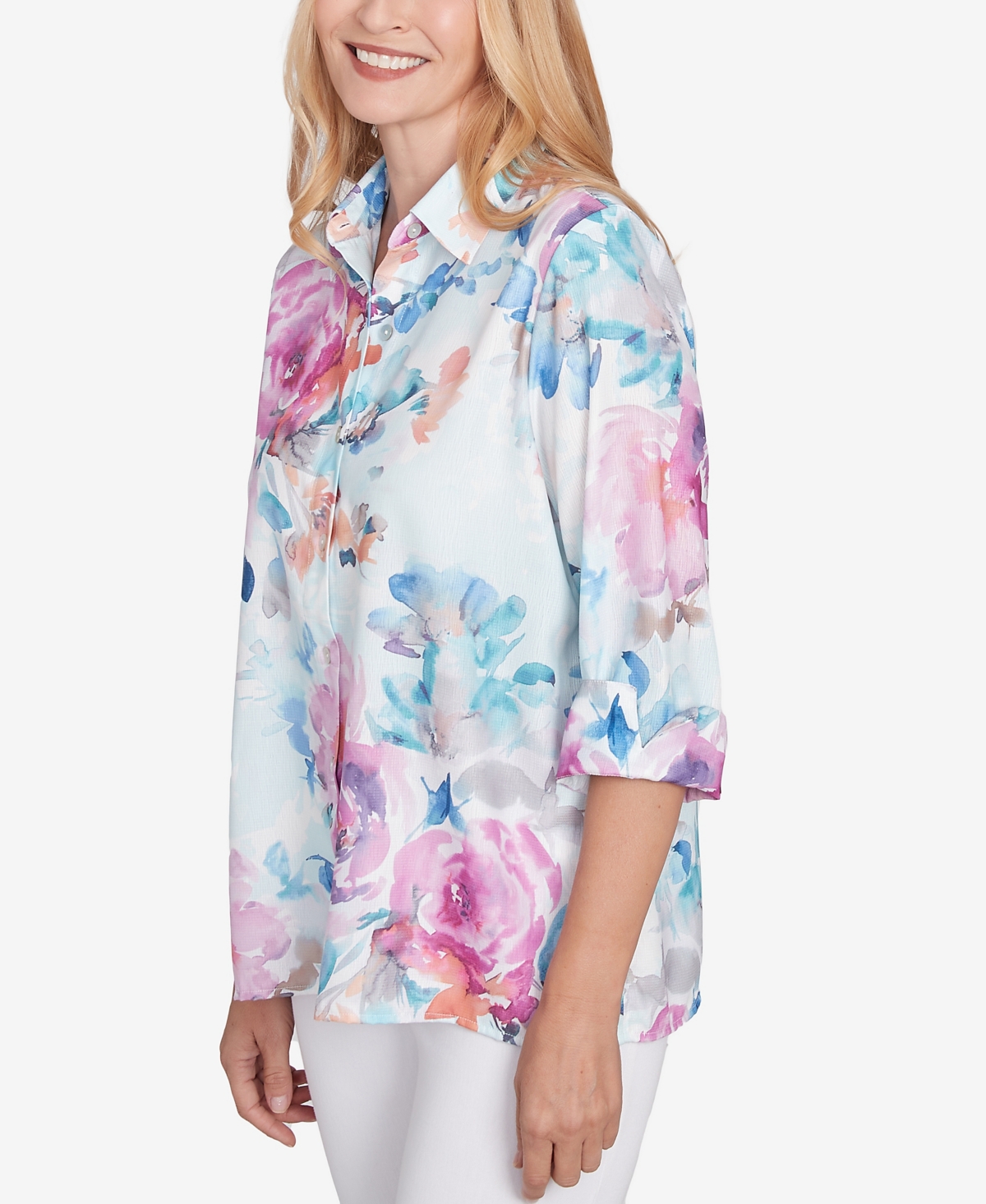 Alfred Dunner Women's Classic Floral Watercolor Button Down Top In Iris