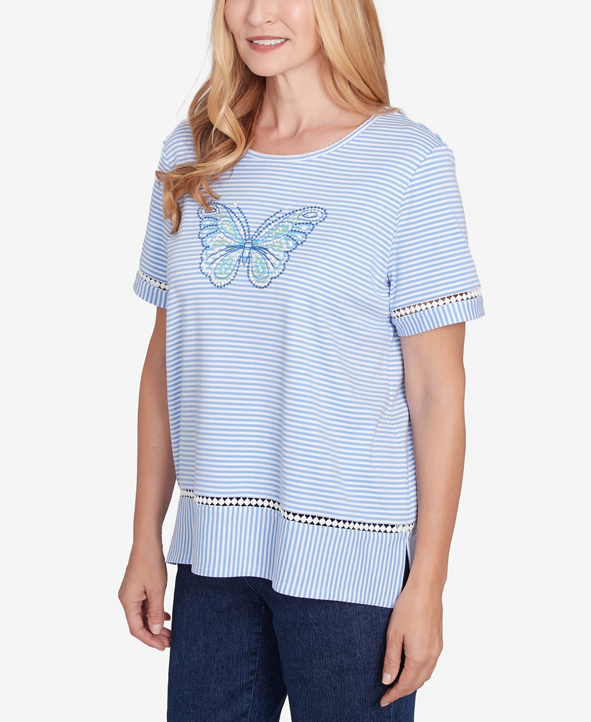 Alfred Dunner Petite Classics Striped Butterfly Short Sleeve T-shirt In Iris