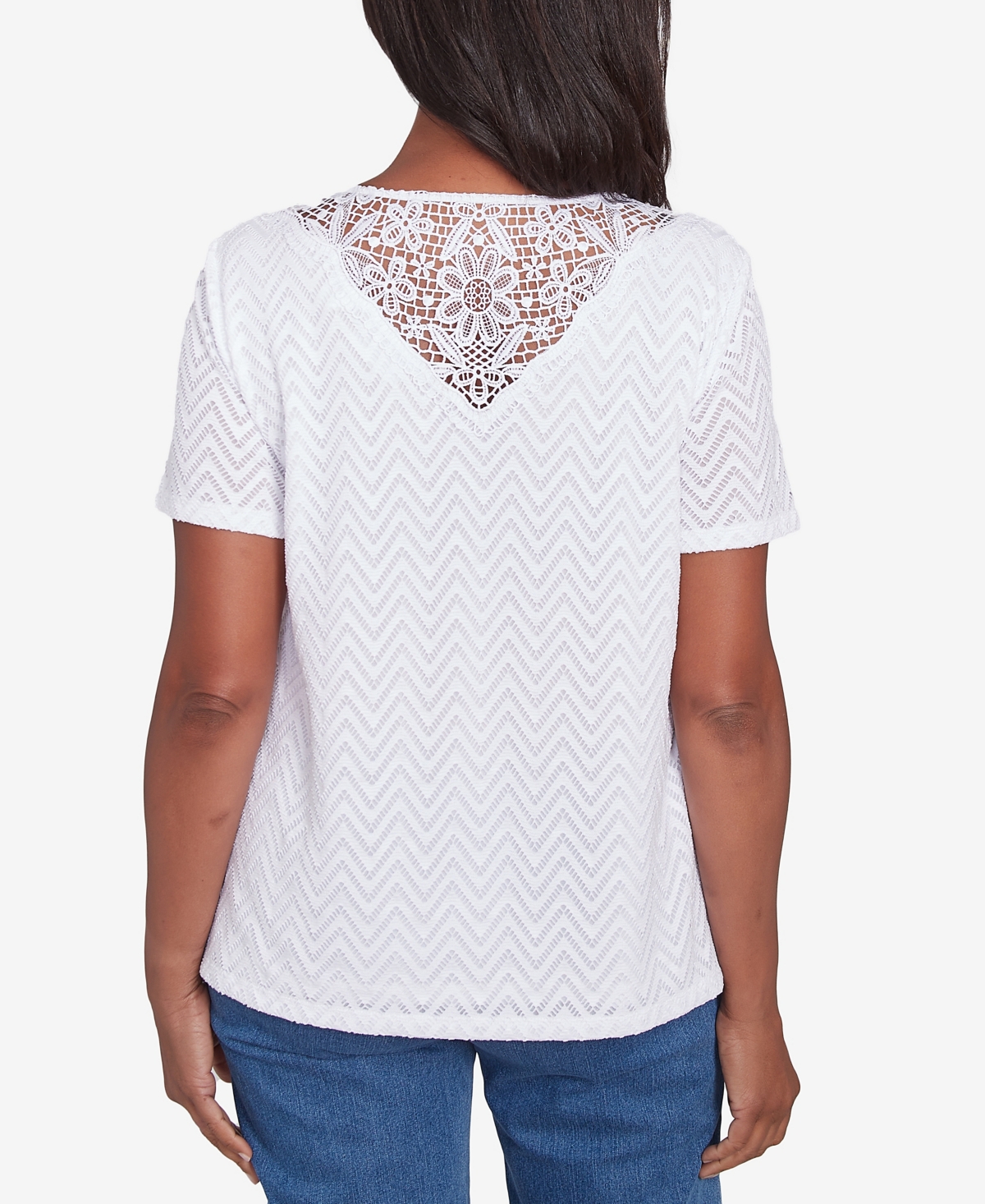 Alfred Dunner Petite Classics Textured Chevron Lace Back T-shirt In White