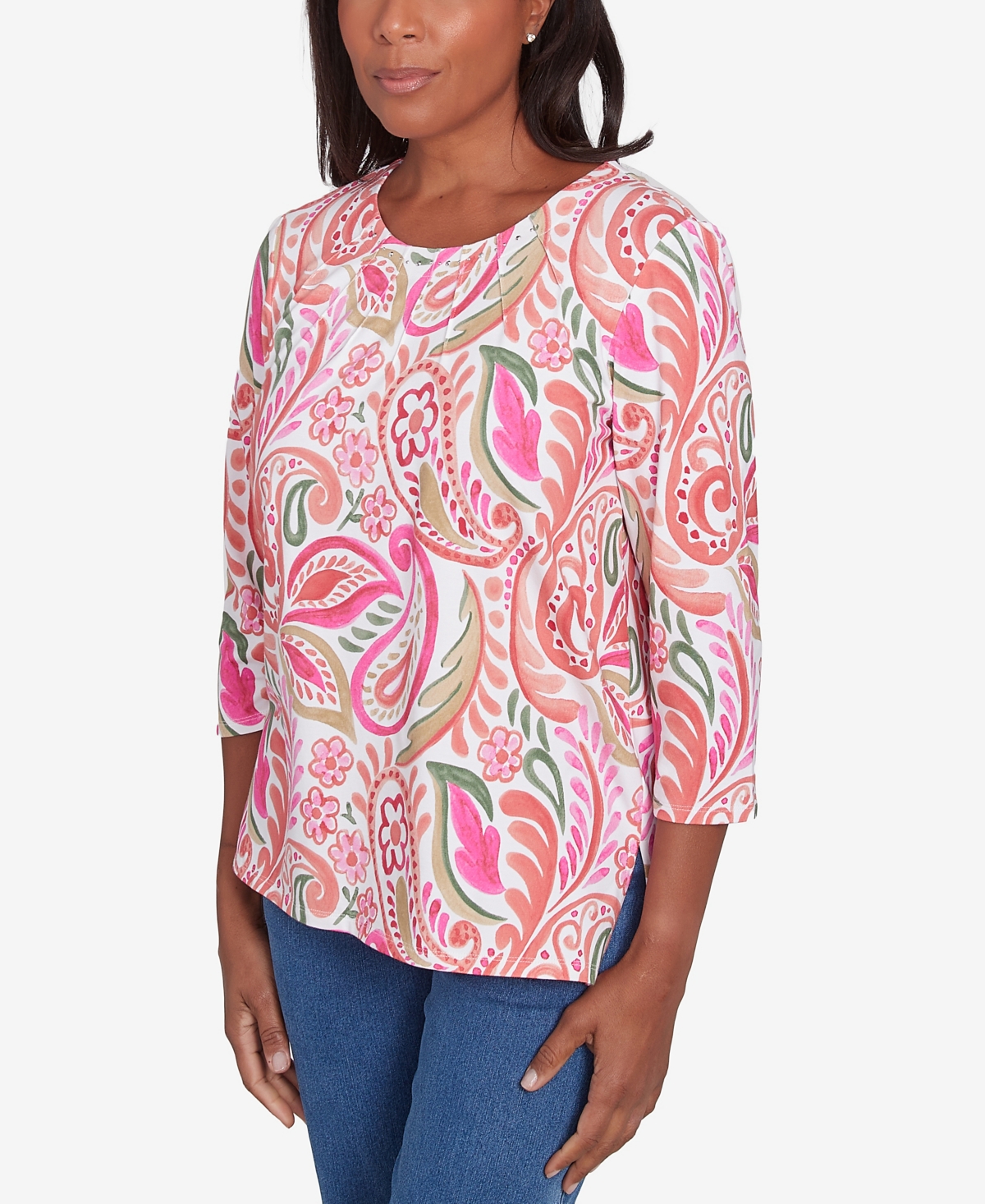 Alfred Dunner Petite Classics Embellished Crewneck Paisley Top In Coral